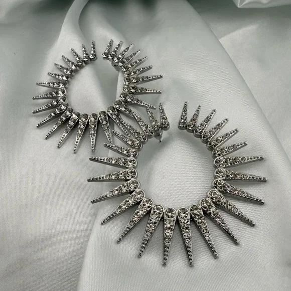 Lux! Silver Spike Rhinestone Hoop Earring – 40mm Statement Sparkle Circle - Picture 9 of 14